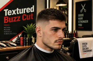A young man with a textured buzz cut sits in a barber chair inside a modern professional barbershop. The image features bold “Textured Buzz Cut” text on the left with natural, modern, and versatile style messaging, while the background shows salon mirrors, grooming tools, plants, and barber equipment in a black, beige, and red color theme.