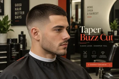 Taper buzz cut hairstyle on a man in a modern professional barber salon.