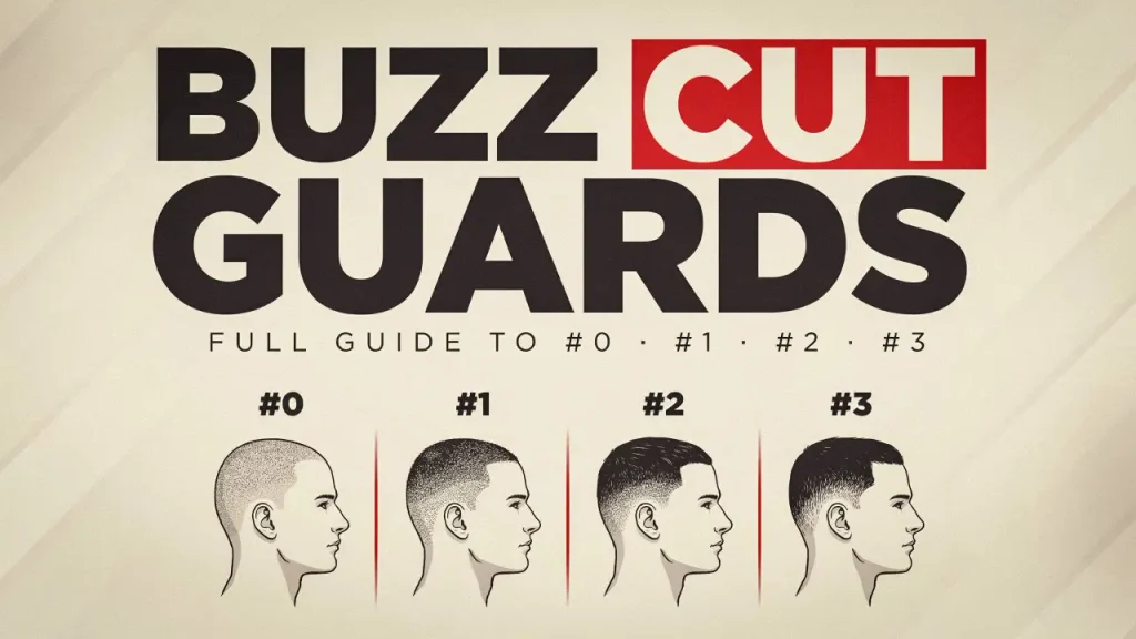 Buzz cut guards guide showing #0, #1, #2, and #3 guard sizes and their haircut length differences.